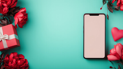 Smartphone mockup with red flowers and heart gift box, promoting Valentine's Day love concept