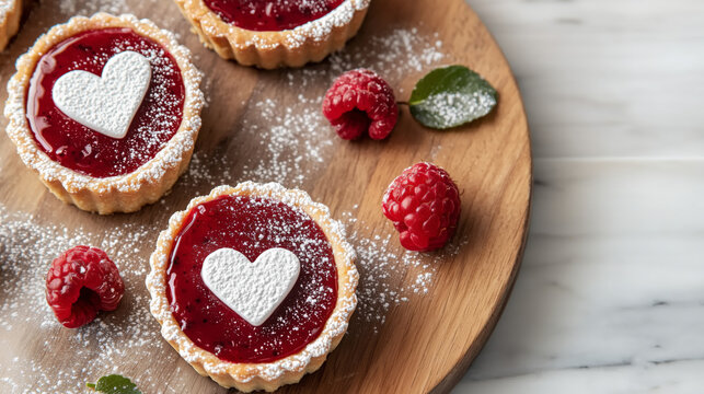 Delicious vegan berry tartlets with heart shaped toppings and raspberries