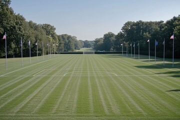 Obraz premium Colorful Flags Gracefully Adorning a Lush Green Lawn Under a Clear Blue Sky