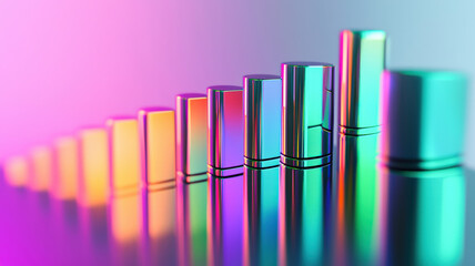  striking stacked bar chart rendered with a futuristic metallic finish. Each segment of the bars glows in vibrant neon hues, creating a captivating contrast against a smooth gradient backdrop.