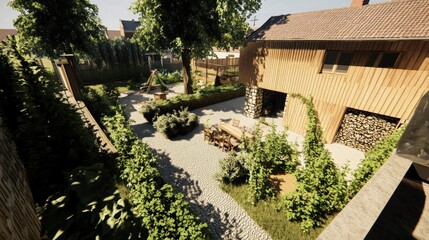 Sunny Backyard Garden with Wooden House, Playground, and Outdoor Relaxation Area