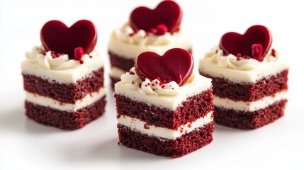 Valentine's Day red velvet mini cakes with cream cheese frosting and heart-shaped cake decorations on a white background, high-resolution photography.