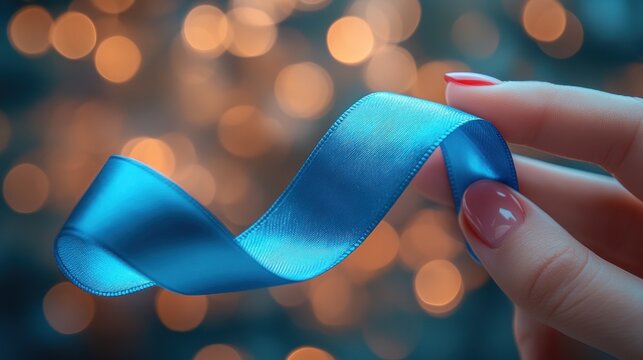 Hand Holding Blue Ribbon Highlighting Diabetes Awareness with Red Droplet