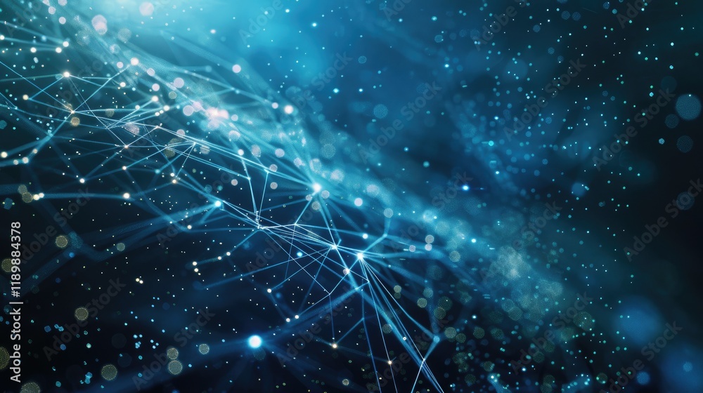 Poster this abstract image features a dynamic wave of blue dots and lines on a soft background, conveying a