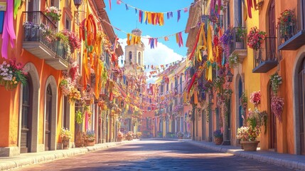Fototapeta premium Vibrant Street Festival in a Colorful Town with Festive Atmosphere and Decorations
