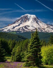 Mount Hood in Oregon in the USA during the spring surrounded by pine forests