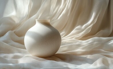 Minimalist Still Life with Sculptural Vase and Intricate Fabric Backdrop Soft Natural Light Shadows
