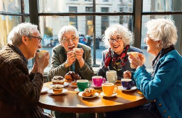 Elderly Friends Enjoying Breakfast in Cozy Café with Hot Drinks and Pastries
