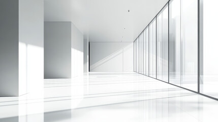 Fototapeta premium Modern interior of an empty white hall with glass walls, light shadows, and reflections on the floor, minimalist design