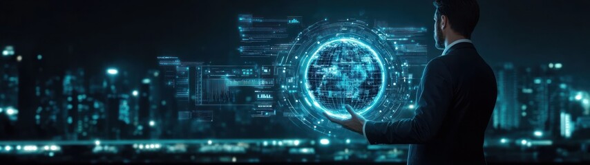 Fototapeta premium Futuristic Businessman in High-Tech Office with Holographic AI Brain and Digital Interfaces for Smart Technology and Innovation