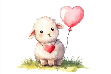 Adorable watercolor lamb with pastel pink heart balloon, evoking joy and warmth. Perfect for children decor or greeting cards