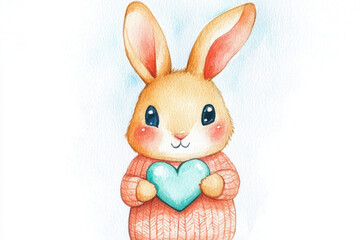 Obraz premium Cute bunny in pastel peach sweater holding heart, radiating warmth and joy