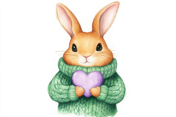 Obraz premium Charming watercolor bunny in green crochet sweater holding heart