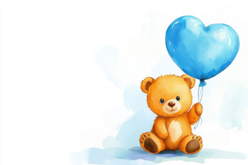 Cute watercolor bear cub holding pastel blue heart balloon, joyful and playful. Perfect for children themes and designs
