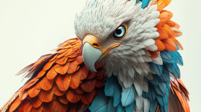 A majestic eagle with detailed feathers, close-up view, vibrant blue and orange accents on the wings and face