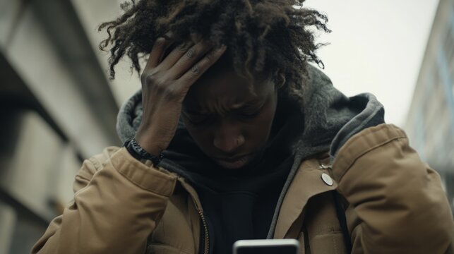 Person experiencing distress while holding head and staring at phone, reflecting modern challenges and emotional struggles in the digital age