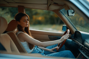 Beautiful young woman with long hair driving a vintage car in sunset light, showcasing a serene expression and casual summer outfit.