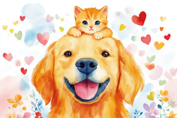 Playful golden retriever with cute kitten, surrounded by colorful hearts and flowers, radiating joy and warmth