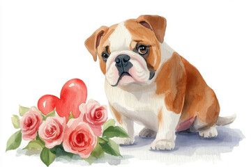 romantic watercolor illustration of bulldog with roses and hearts, evoking love and warmth