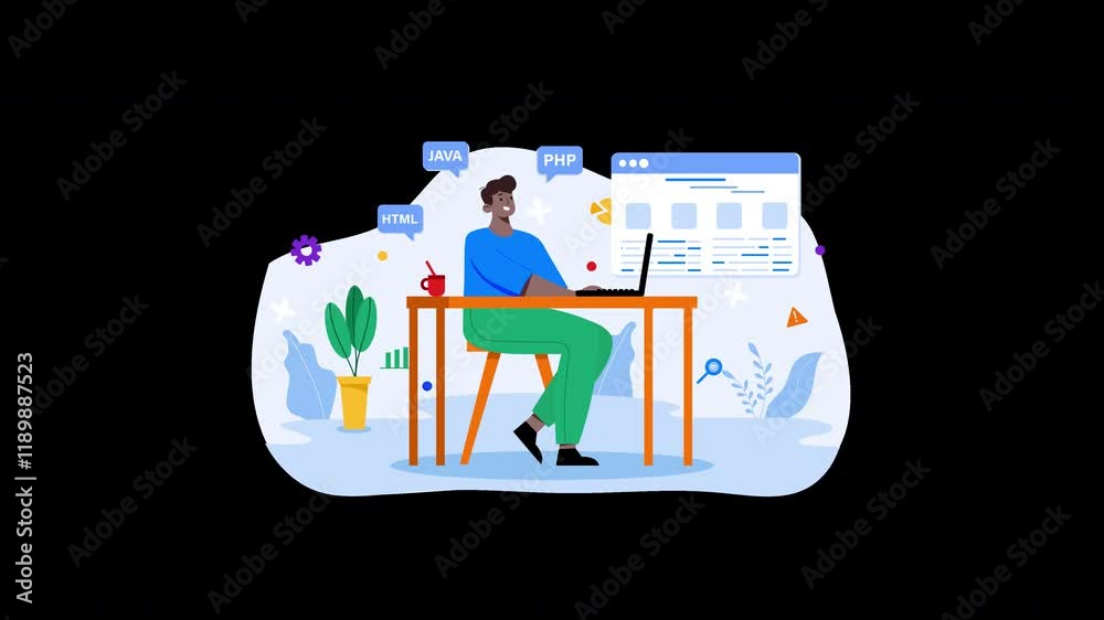 Poster a male programmer working on a laptop, representing software development in a modern workspace.