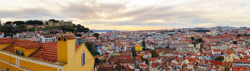 Sunset panorama of Miradouro da Graca viewpoint in Lisbon, Portugal