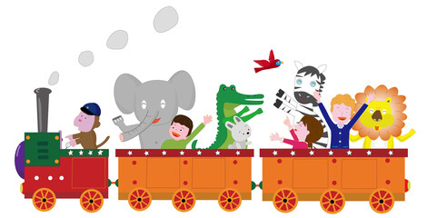 レトロな蒸気機関車に乗って楽しんでいる子供と動物たち。