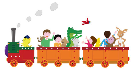 レトロな蒸気機関車に乗って楽しんでいる子供と動物たち。