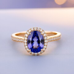A gold ring with a large oval-shaped blue gemstone and smaller diamonds around it, set against a light blue background.