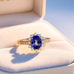 A gold ring with a blue gemstone and white diamonds is displayed in a white jewelry box.