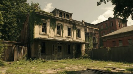 Obraz premium Abandoned Victorian House Surrounded by Overgrown Vegetation with Crumbling Facade and Weathered Exterior in a Forgotten Neighborhood Setting