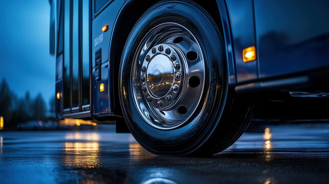 Close-Up Of Luxury Bus Wheel With Reflective Wet Road At Dusk