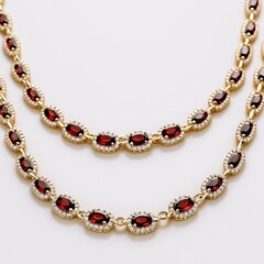 A gold necklace with red gemstones, featuring a series of oval-shaped stones connected by a chain.