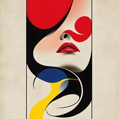 Abstract portrait of a woman with red and blue hair.