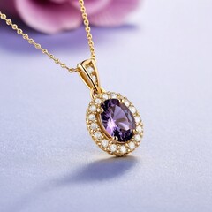 A gold necklace with a pendant featuring a purple gemstone and a halo of smaller diamonds is displayed against a purple background.