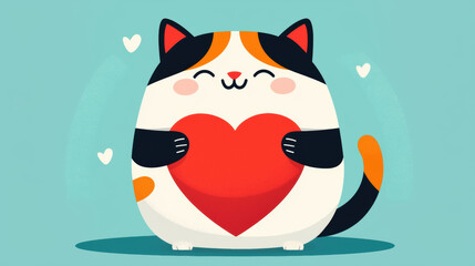 Cat heart, A cute cat smiles while holding a large heart, depicting love and affection in a high-fidelity image suitable for various creative projects.