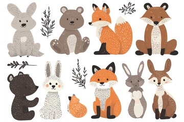 A handdrawn Scandinavian style vector illustration of cute animals for kids, featuring bunnies, bears, and foxes, perfect for nursery posters and childish greeting cards