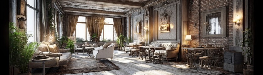 Fototapeta premium Elegant Vintage Lounge with Natural Light and Cozy Seating Area