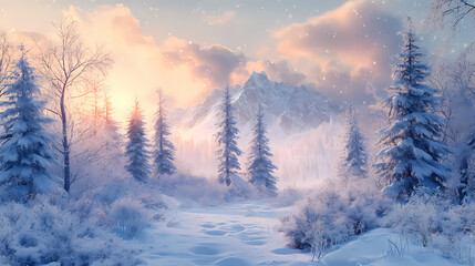 Snowy winter forest with trees and mountains under a frosty. Windcrest. Illustration