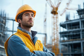 Confident Construction Worker Looking Up at Blue Sky at Urban Construction Site