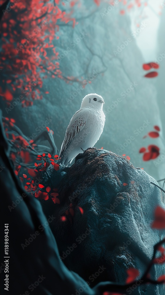 Wall mural White Bird on a Rock in a Red Forest