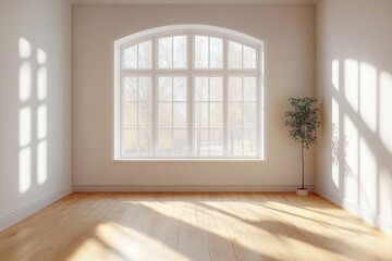 Fototapeta premium Bright Sunlit Minimal Scandinavian Interior Room with Large Window and Wooden Floor