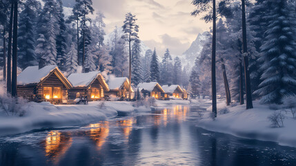 Fototapeta premium Cozy cabin village along river with glowing fires in winter forest. Windcrest. Illustration