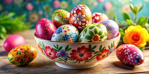 Fototapeta premium Colorful Decorated Easter Eggs in Floral Bowl for a Vibrant Indoor Celebration of Spring and Renewal