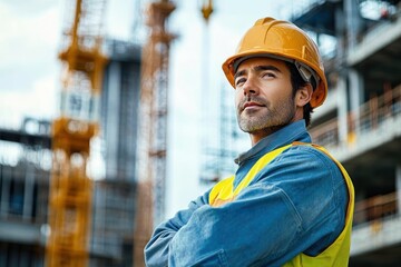 Confident Construction Worker Looking Up at Blue Sky on Urban Site