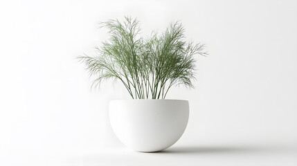 A minimalistic image of a fresh dill plant in a sleek, white, hemispherical pot against a clean white background. The focus is on simplicity and elegance.