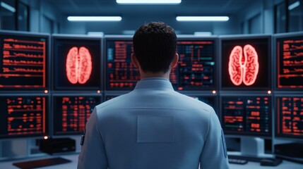 A healthcare analyst in a futuristic command center reviewing patient records across multiple glowing monitors.