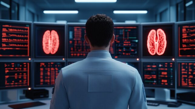 A healthcare analyst in a futuristic command center reviewing patient records across multiple glowing monitors.