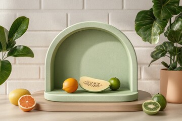 Tropical fruits display, modern shelf, white brick wall background, product placement