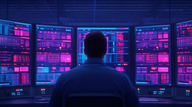 A healthcare IT professional monitoring secure servers with glowing screens displaying health data encryption processes.