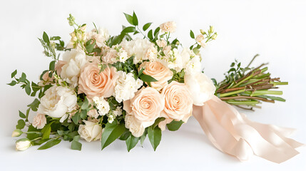 Elegant blush and white wedding bouquet featuring roses, peonies, and greenery. Tied with a delicate blush ribbon. Perfect for bridal or special event.